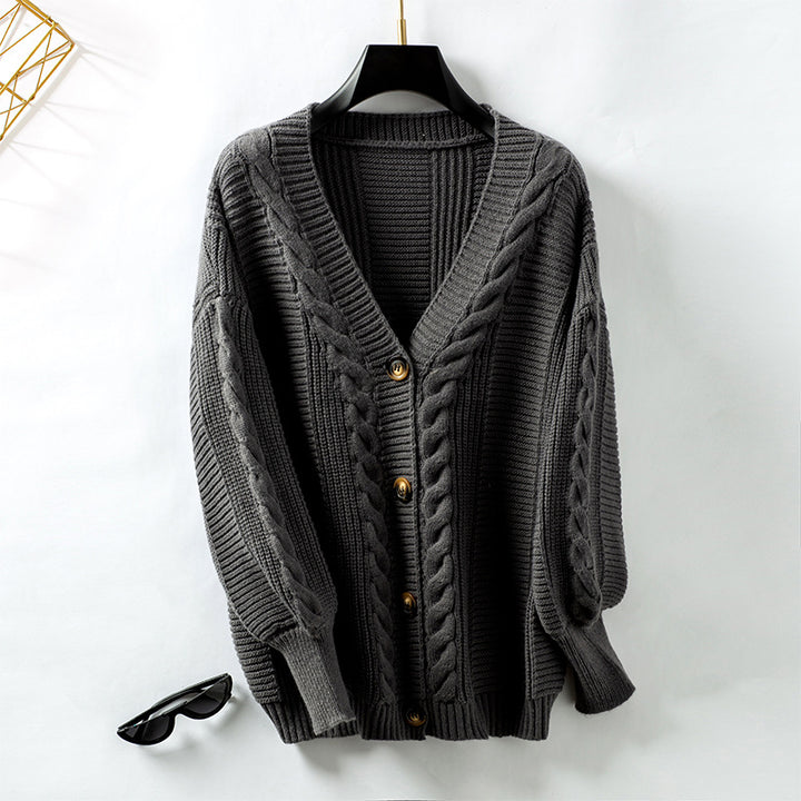 Damstrickjacka med flätdesign och gyllene knappr detaljer Eva Jonsson-Eva Jonsson
