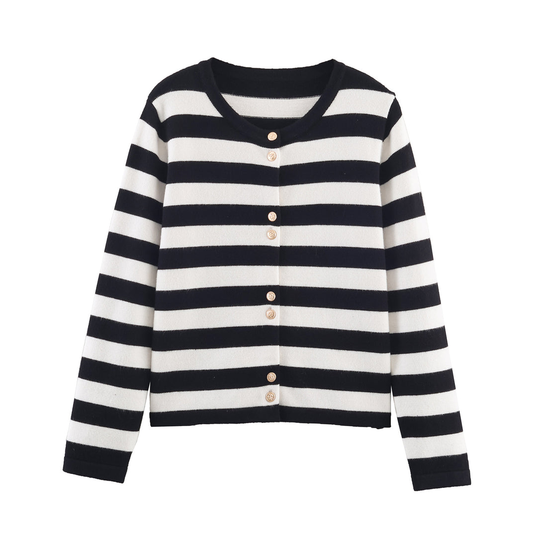 Damstrikket cardigan med maritimt stripesmønster og dekorative knapper Mirla-Eva Jonsson