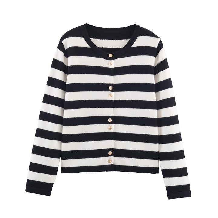 Damstrikket cardigan med maritimt stripesmønster og dekorative knapper Mirla-Eva Jonsson