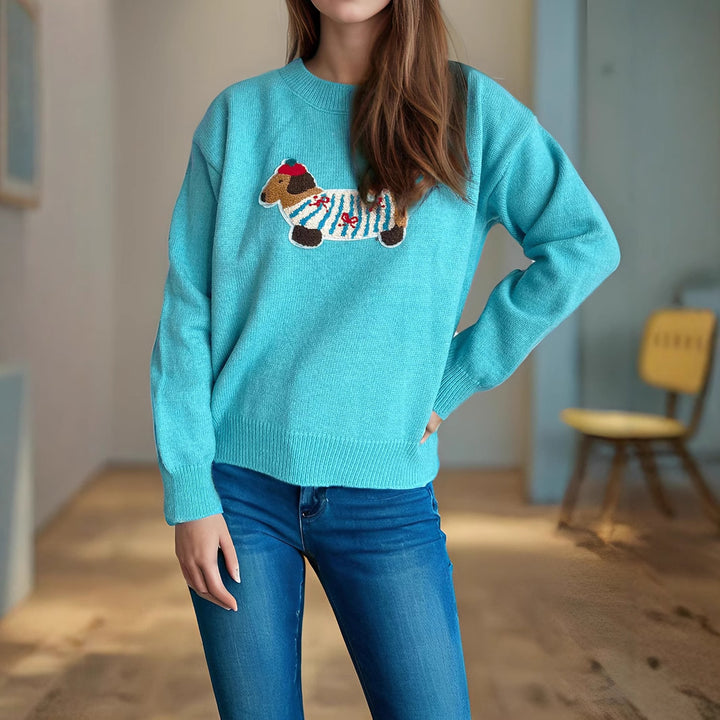 Damsweater med sött djurmotiv och högkvalitativt stickat tyg Mirla-Eva Jonsson