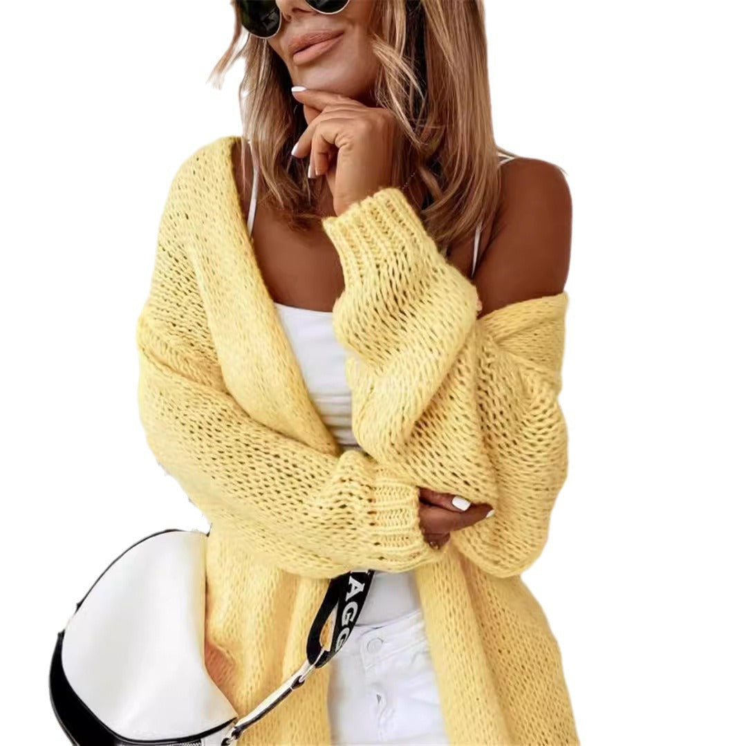 Damvävd grov stickad cardigan med voluminösa ärmar och öppen front Mirla-Eva Jonsson