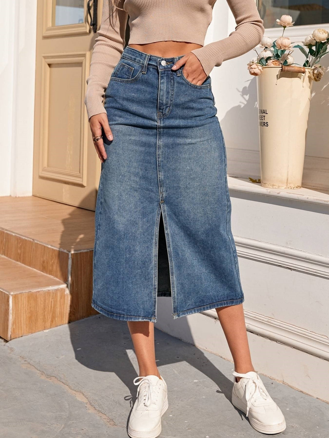 Denim Kjol | Hög midja | Slits | Pencil Kjol | Midi Kjol-Eva Jonsson