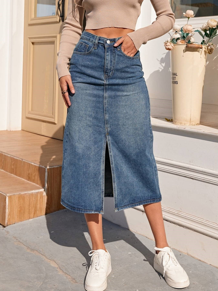Denim Kjol | Hög midja | Slits | Pencil Kjol | Midi Kjol-Eva Jonsson