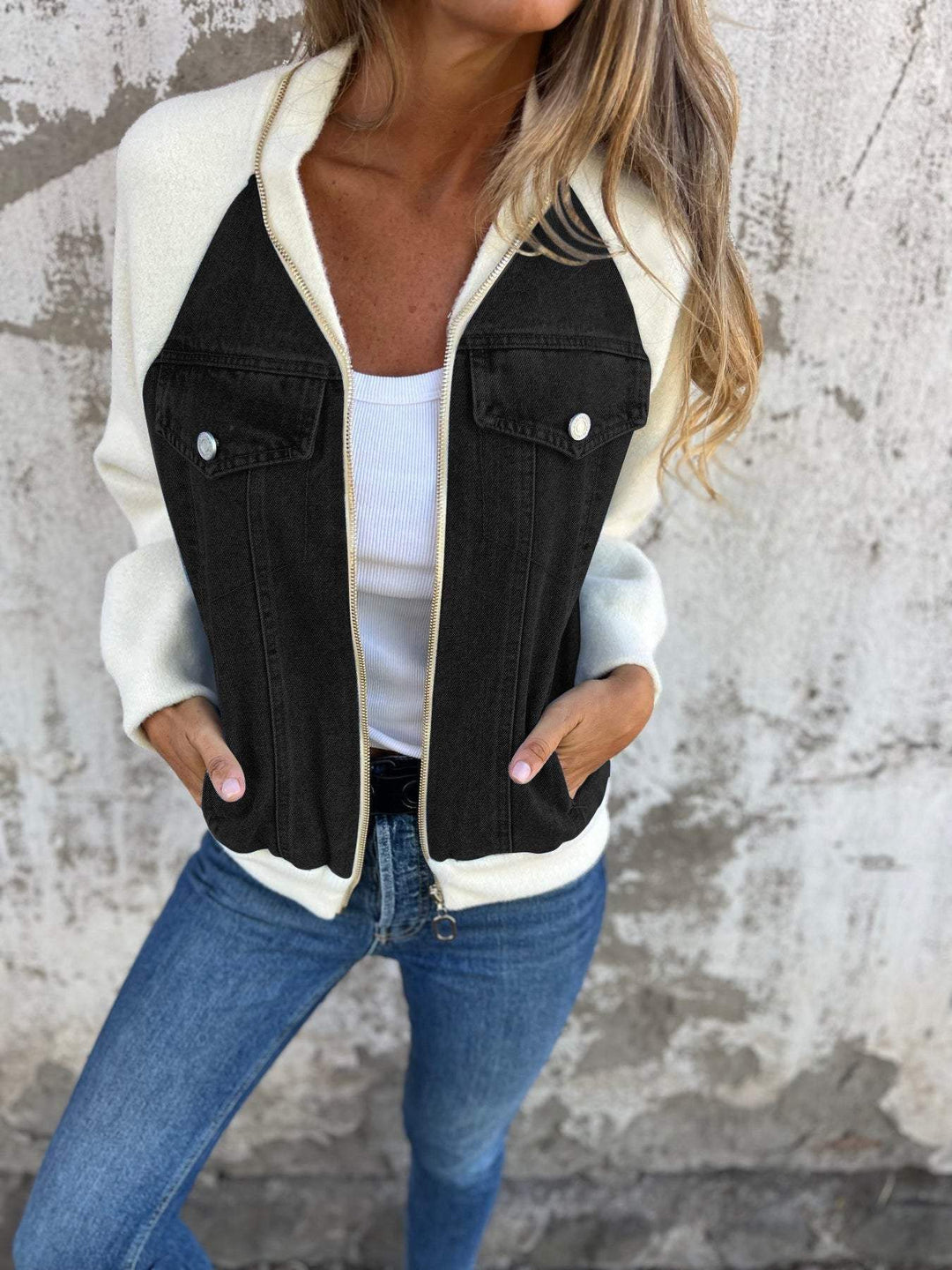 Denim Sherpa-jacka - Casual - Zip-Up - Denim Fleece Jacket - Damjacka-Eva Jonsson