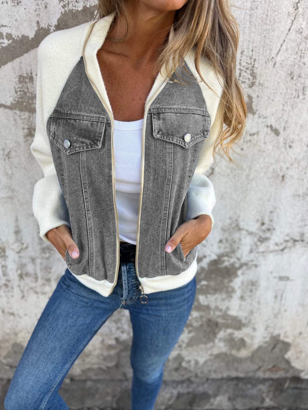 Denim Sherpa-jacka - Casual - Zip-Up - Denim Fleece Jacket - Damjacka-Eva Jonsson