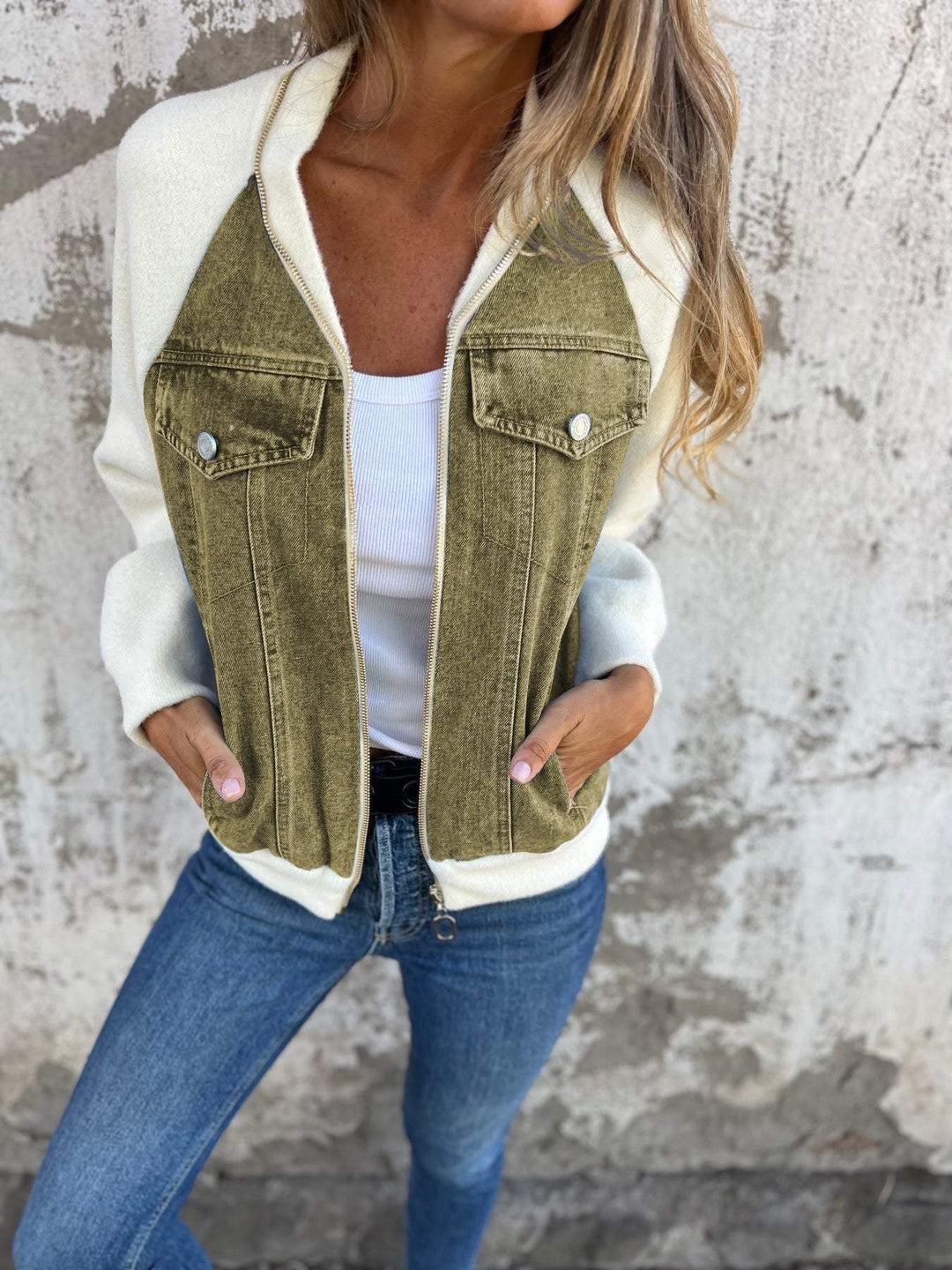 Denim Sherpa-jacka - Casual - Zip-Up - Denim Fleece Jacket - Damjacka-Eva Jonsson