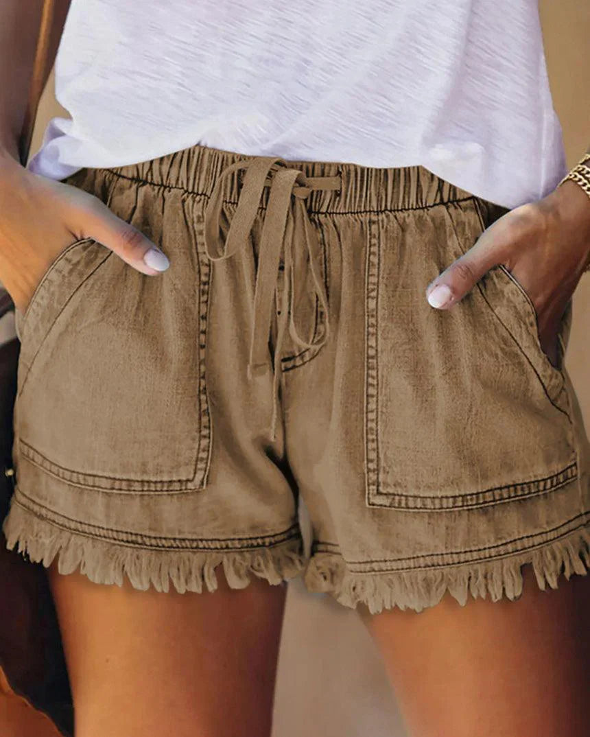 Denim Shorts - Shorts med dragsko och elastisk midja för kvinnor Mini Shorts för sommaren-Eva Jonsson