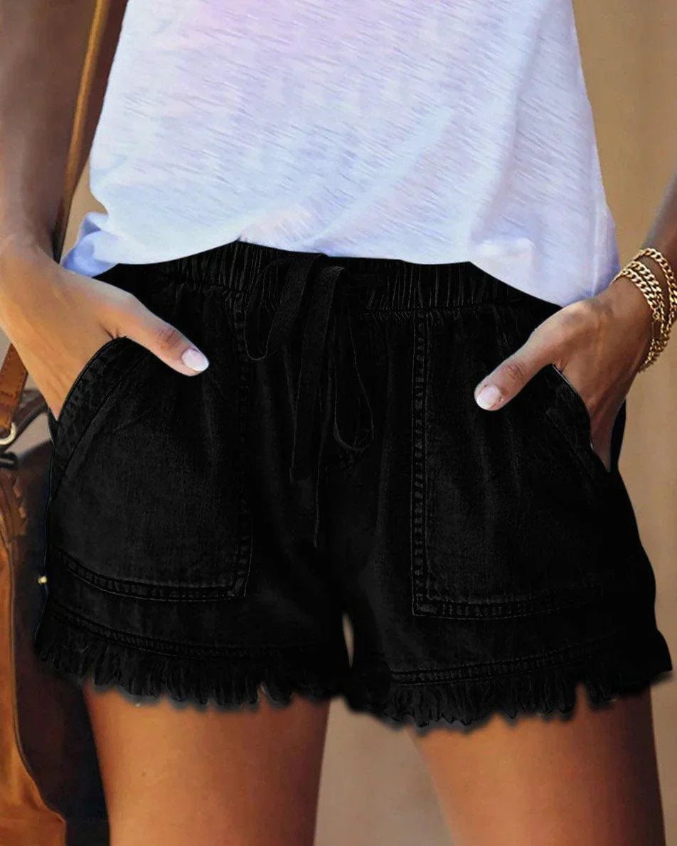 Denim Shorts - Shorts med dragsko och elastisk midja för kvinnor Mini Shorts för sommaren-Eva Jonsson