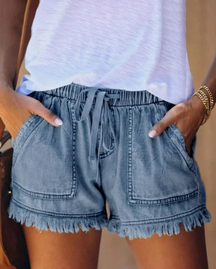 Denim Shorts - Shorts med dragsko och elastisk midja för kvinnor Mini Shorts för sommaren-Eva Jonsson