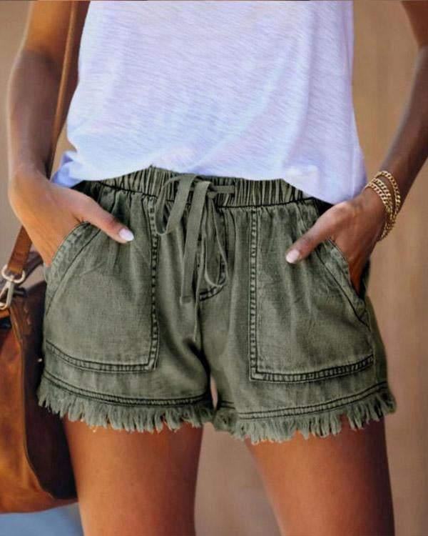 Denim Shorts - Shorts med dragsko och elastisk midja för kvinnor Mini Shorts för sommaren-Eva Jonsson