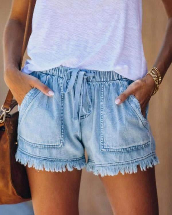 Denim Shorts - Shorts med dragsko och elastisk midja för kvinnor Mini Shorts för sommaren-Eva Jonsson