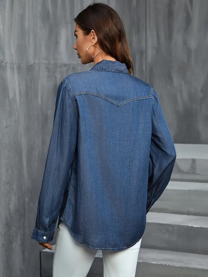 Denimblus - knäppning - långärmad - damskjorta - lös passform-Eva Jonsson