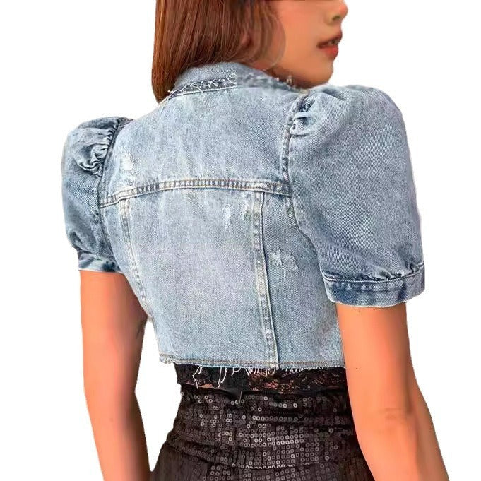 Denimjacka | Puffärm | Croppad | Kortärmad Jacka | Damjacka-Eva Jonsson
