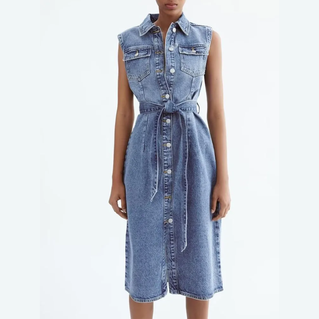 Denimklänning - Ärmlös Klänning I Smal Passform Med Knappar Och Bälte-Eva Jonsson