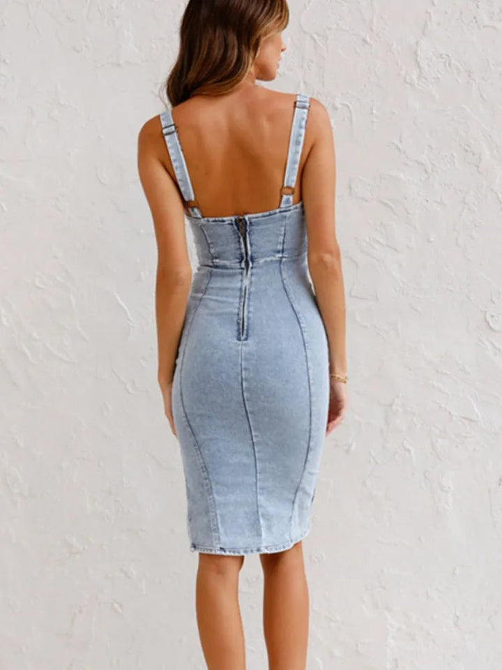 Denimklänning - Ärmlös knälång bodycon-denimklänning för kvinnor-Eva Jonsson