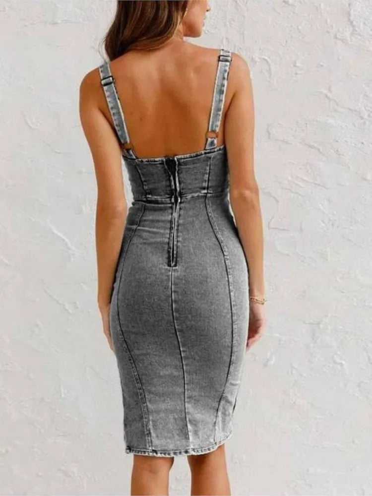 Denimklänning - Ärmlös knälång bodycon-denimklänning för kvinnor-Eva Jonsson