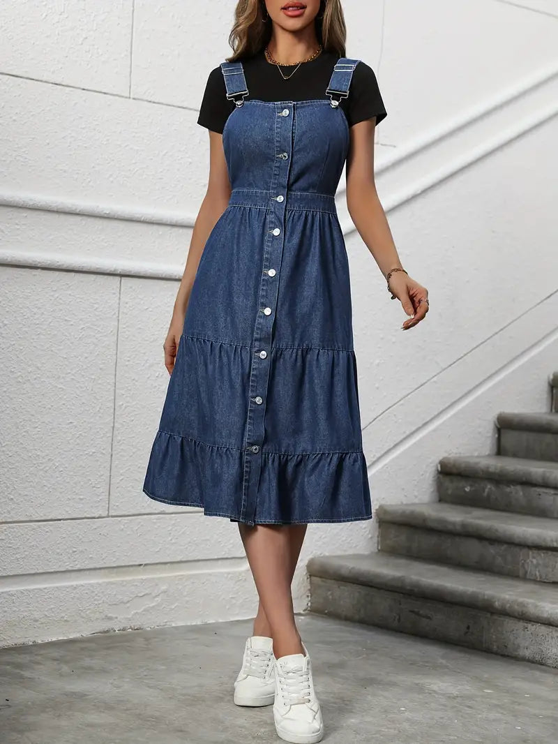 Denimklänning, Knapp ner, Ärmlös, Sommarklänning, Midiklänning-Eva Jonsson