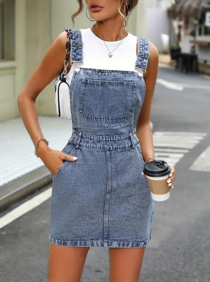 Denimklänning, snedställda fickor, ärmlös, miniklänning-Eva Jonsson