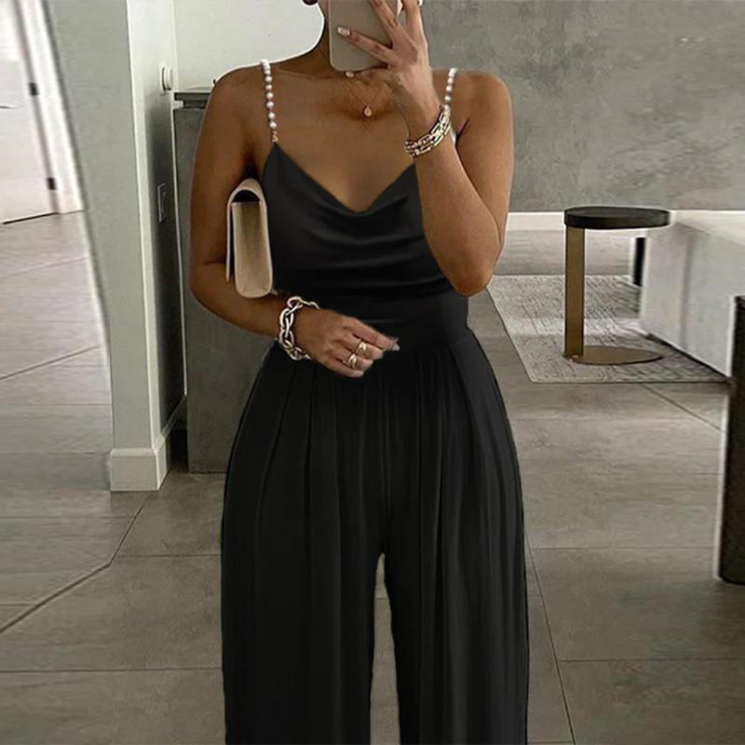 Elegant jumpsuit | Ärmlös | Pärlband | Jumpsuit med vida ben | Partyjumpsuit-Eva Jonsson
