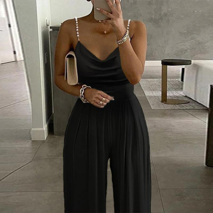 Elegant jumpsuit | Ärmlös | Pärlband | Jumpsuit med vida ben | Partyjumpsuit-Eva Jonsson