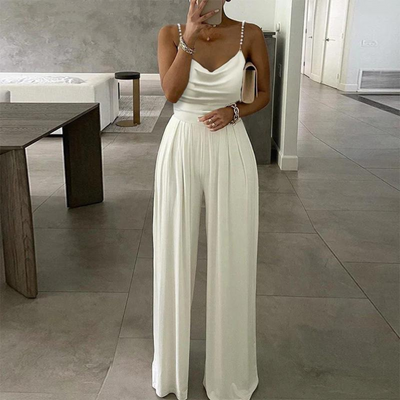 Elegant jumpsuit | Ärmlös | Pärlband | Jumpsuit med vida ben | Partyjumpsuit-Eva Jonsson