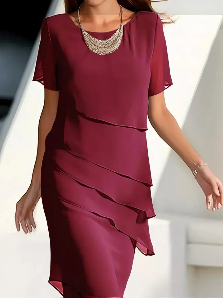 Elegant klänning - Kortärmad knälång chiffongklänning för kvinnor-Eva Jonsson