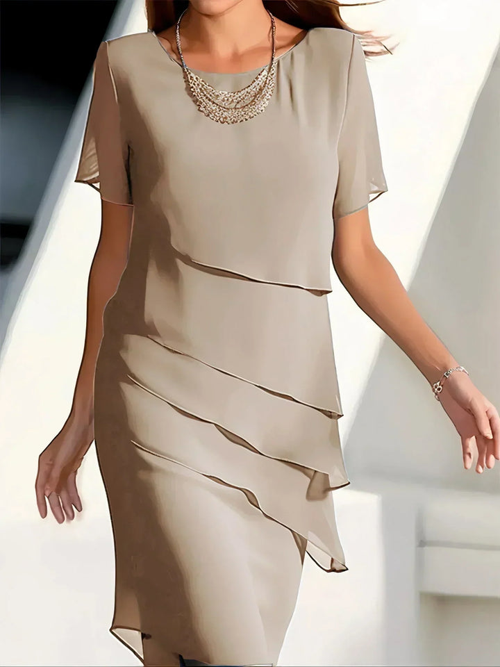 Elegant klänning - Kortärmad knälång chiffongklänning för kvinnor-Eva Jonsson