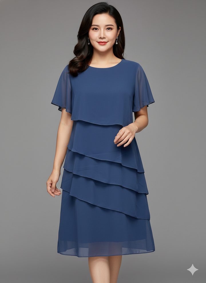 Elegant klänning - Kortärmad knälång chiffongklänning för kvinnor-Eva Jonsson