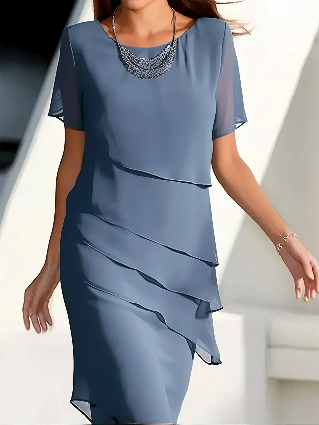 Elegant klänning - Kortärmad knälång chiffongklänning för kvinnor-Eva Jonsson