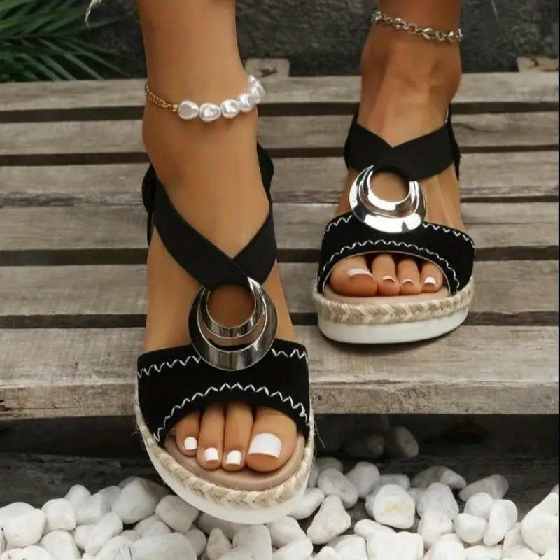 Espadrillesandaler, plattform, elastiskt band, kilformade sandaler, sommarskor-Eva Jonsson