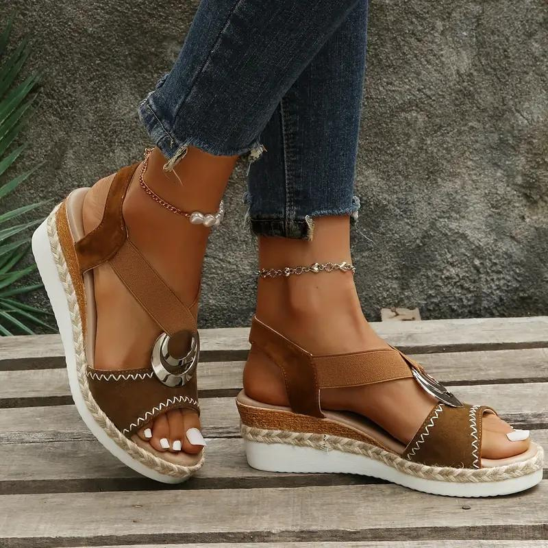 Espadrillesandaler, plattform, elastiskt band, kilformade sandaler, sommarskor-Eva Jonsson