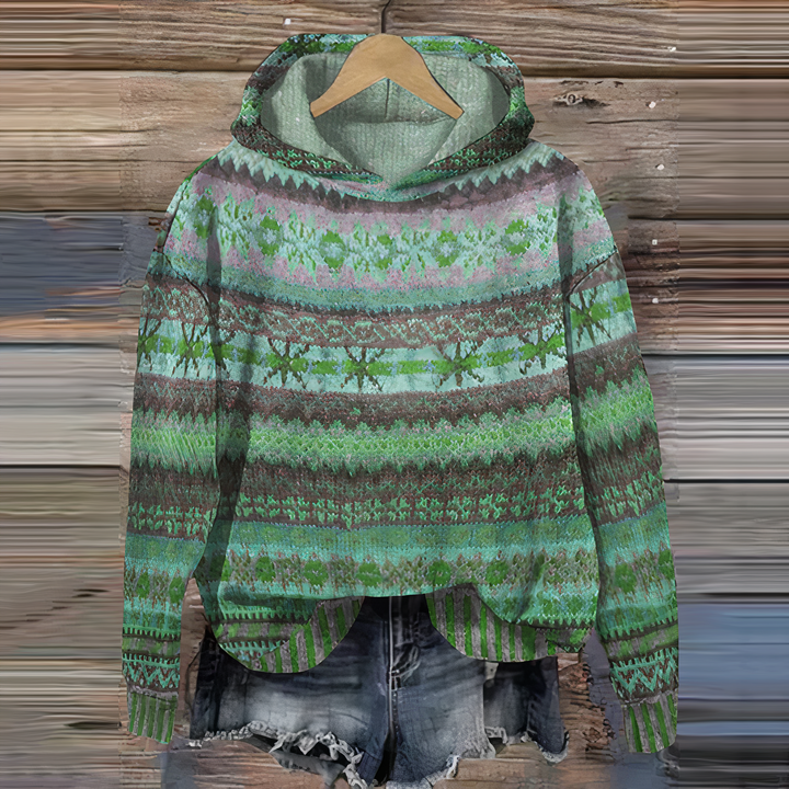Mirla | 3D Fair Isle Print Hoodie Avslappnad Passform Tröja Sweatshirt-Eva Jonsson