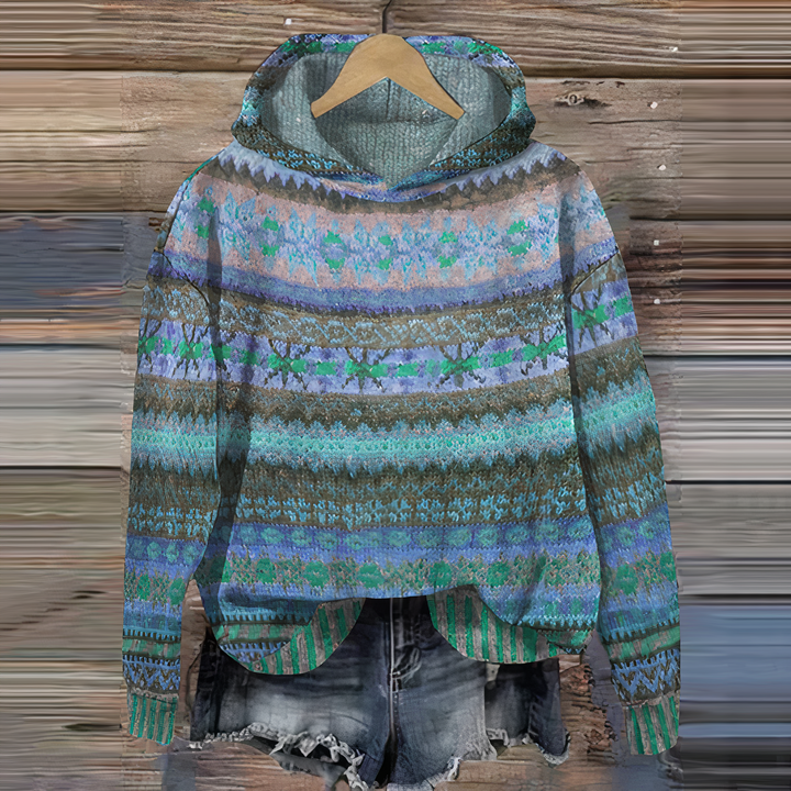 Mirla | 3D Fair Isle Print Hoodie Avslappnad Passform Tröja Sweatshirt-Eva Jonsson