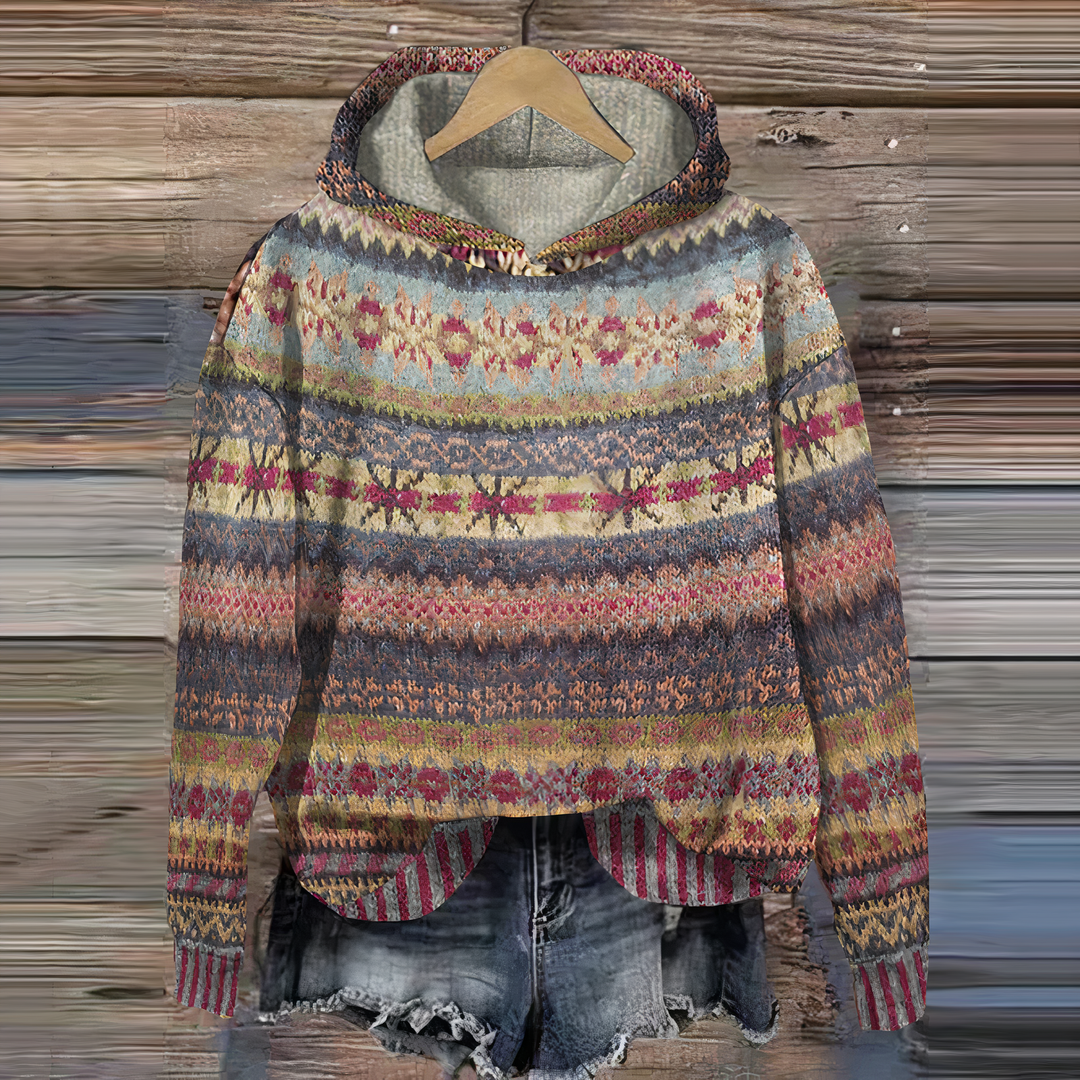 Mirla | 3D Fair Isle Print Hoodie Avslappnad Passform Tröja Sweatshirt-Eva Jonsson