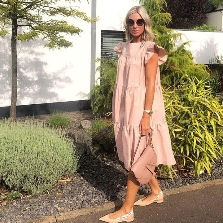Mirla | A-linje klänning knälång kortärmad blommig applikation lättviktig-Eva Jonsson
