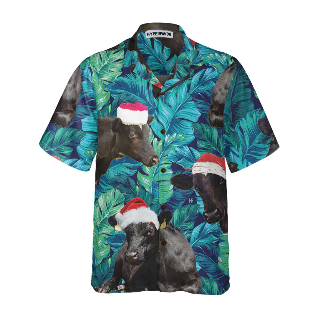Mirla | Black Cattle Wearing Santa'S Hat Hawaiian Shirt Tropical Leaf Pattern Christmas Shirt The Best Gift For Christmas-Eva Jonsson