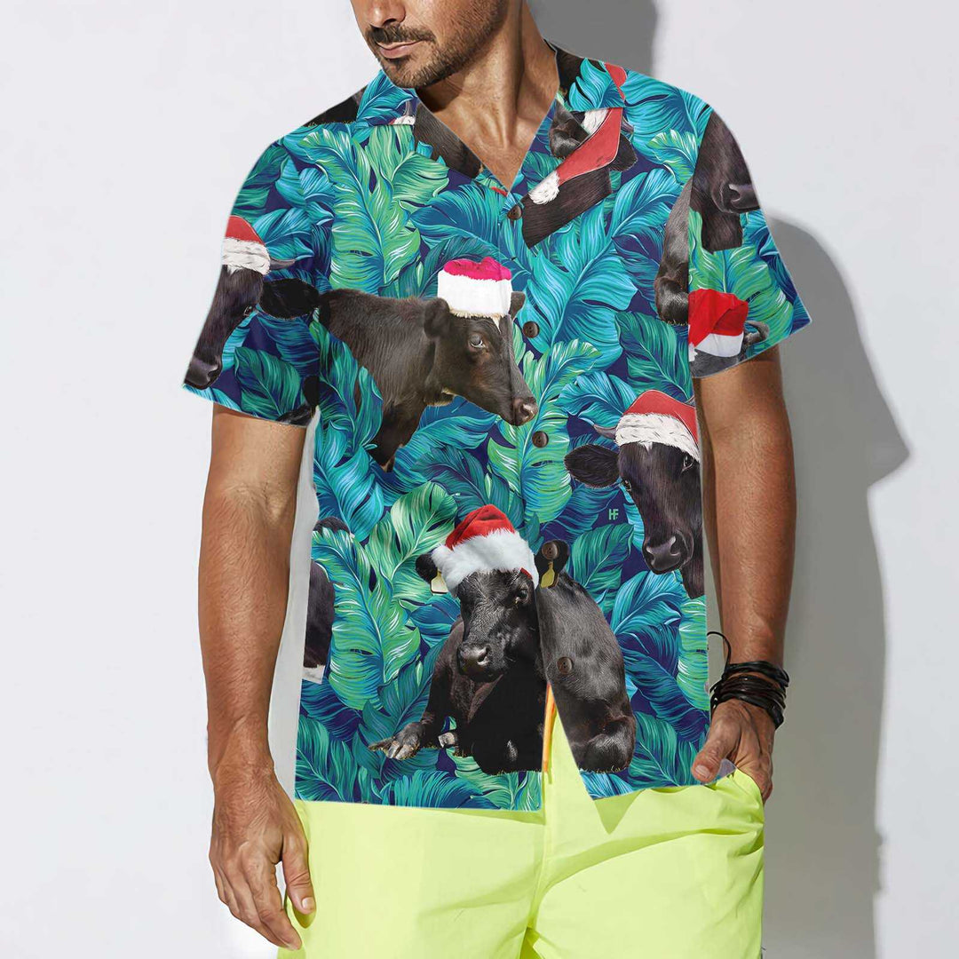 Mirla | Black Cattle Wearing Santa'S Hat Hawaiian Shirt Tropical Leaf Pattern Christmas Shirt The Best Gift For Christmas-Eva Jonsson