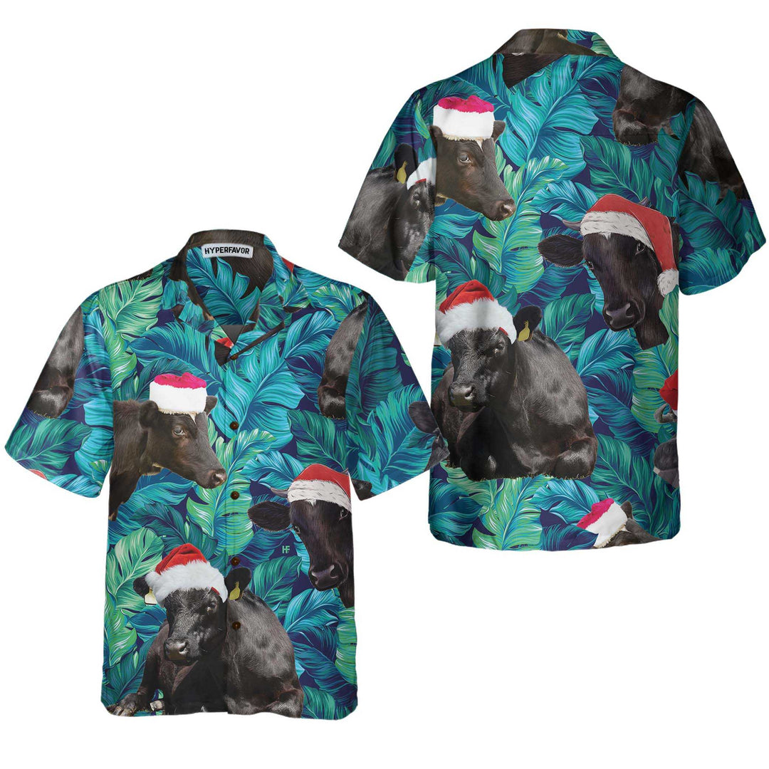 Mirla | Black Cattle Wearing Santa'S Hat Hawaiian Shirt Tropical Leaf Pattern Christmas Shirt The Best Gift For Christmas-Eva Jonsson