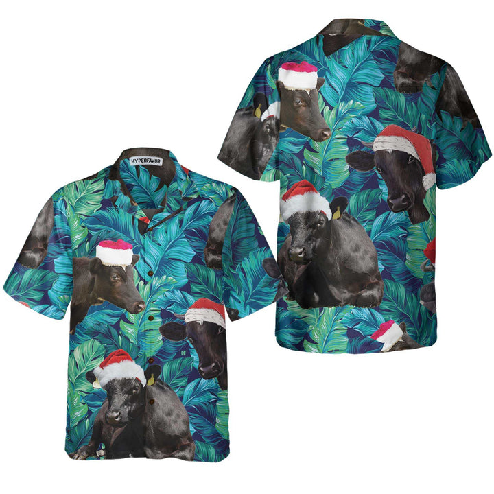Mirla | Black Cattle Wearing Santa'S Hat Hawaiian Shirt Tropical Leaf Pattern Christmas Shirt The Best Gift For Christmas-Eva Jonsson
