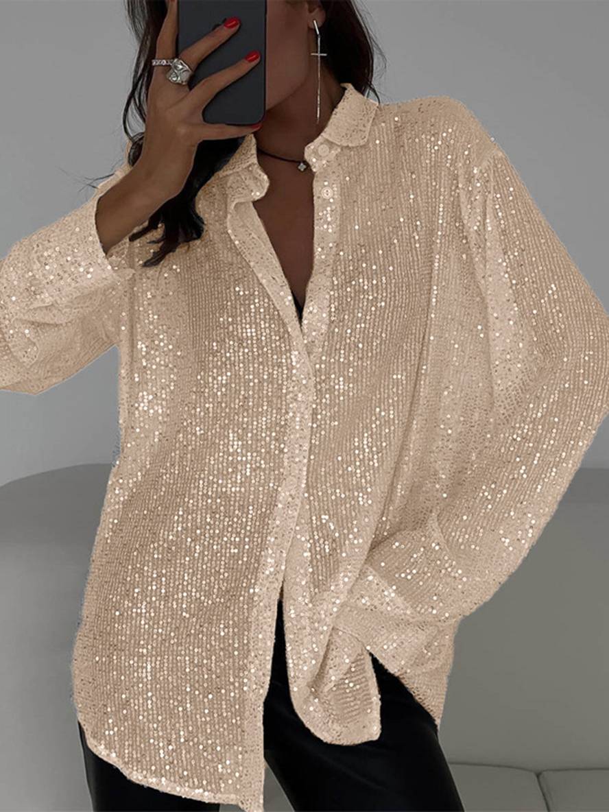 Mirla | Blus Brillante Paljetter Skjorta Krage Skjorta Långa Ärmar Damer Elegant Lätt Oversized-Eva Jonsson