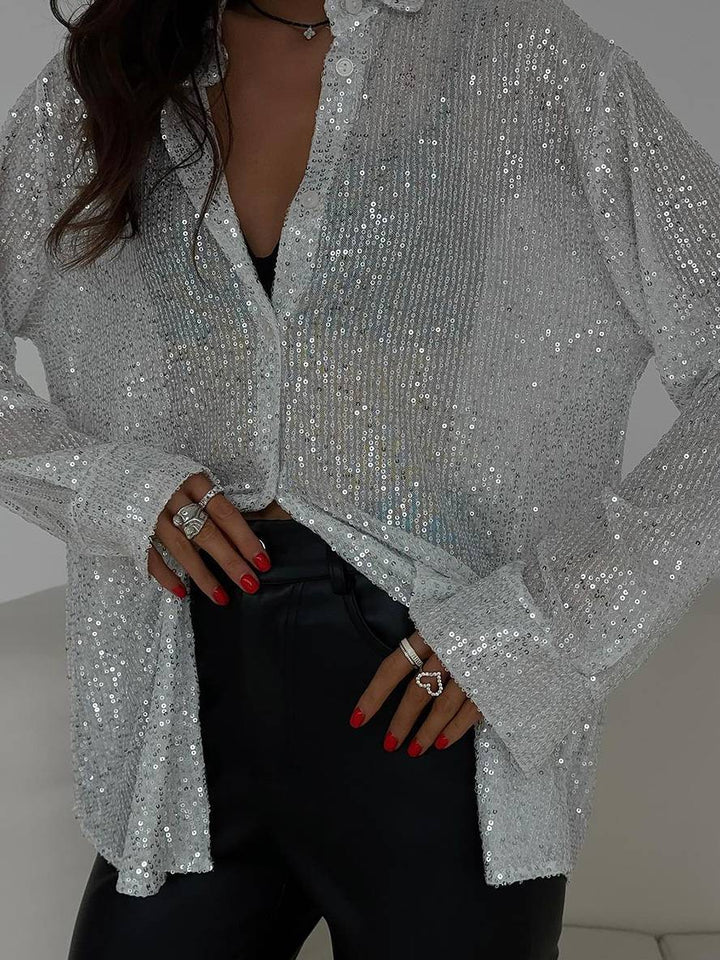 Mirla | Blus Brillante Paljetter Skjorta Krage Skjorta Långa Ärmar Damer Elegant Lätt Oversized-Eva Jonsson