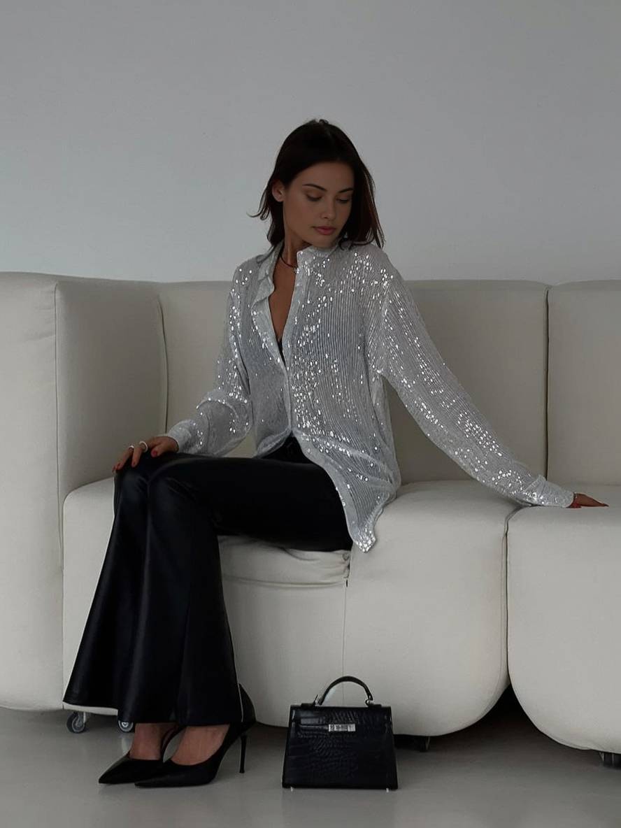 Mirla | Blus Brillante Paljetter Skjorta Krage Skjorta Långa Ärmar Damer Elegant Lätt Oversized-Eva Jonsson