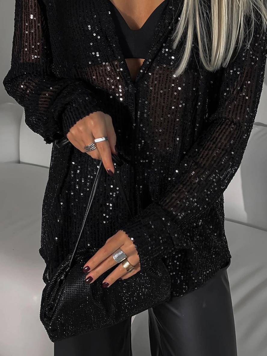 Mirla | Blus Brillante Paljetter Skjorta Krage Skjorta Långa Ärmar Damer Elegant Lätt Oversized-Eva Jonsson
