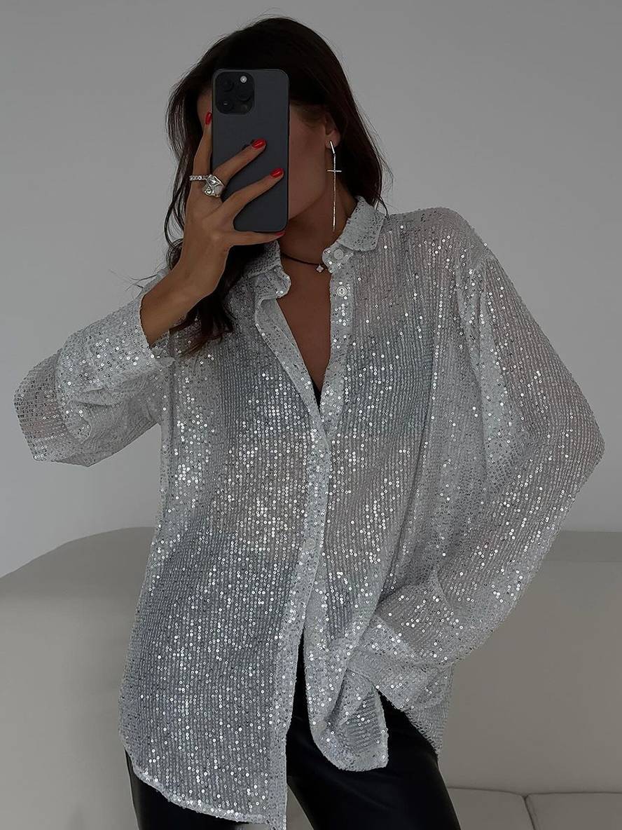 Mirla | Blus Brillante Paljetter Skjorta Krage Skjorta Långa Ärmar Damer Elegant Lätt Oversized-Eva Jonsson