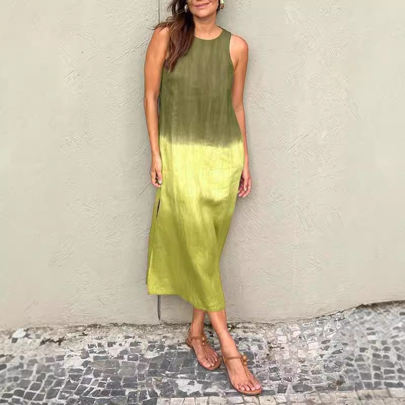 Mirla | Bomull Lin Ärmlös Slits Gradient Klänning-Eva Jonsson