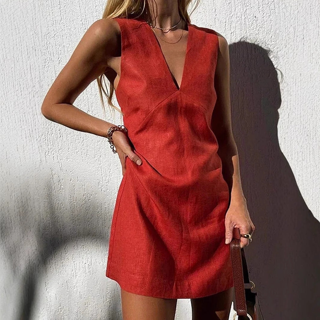 Mirla | Bomull-Linne V-ringad ärmlös Slim Fit tankklänning-Eva Jonsson