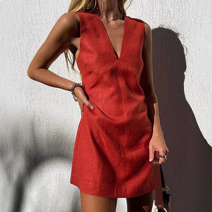 Mirla | Bomull-Linne V-ringad ärmlös Slim Fit tankklänning-Eva Jonsson