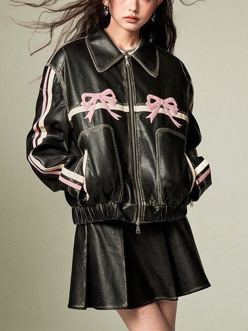 Mirla | Bowknot Zip Up Läderjacka-Eva Jonsson
