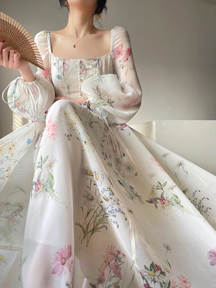 Mirla | Dam Chiffon Långärmad Off-Shoulder Midi Klänning-Eva Jonsson