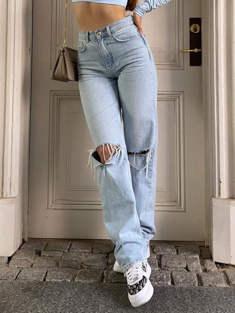 Mirla | Dam Jeans med Lös Passform Rivet Vid Ben Hög Midja Lässig Baggy Jean-Eva Jonsson